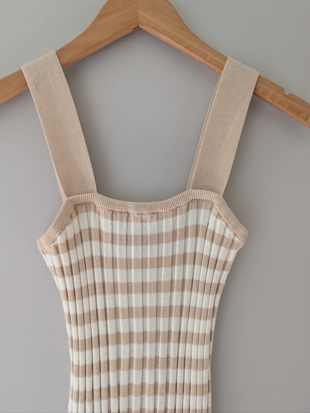 NWT Merokeety Beige Cream Striped Ribbed Knit Midi Dress S Square Neck - Picture 4 of 8